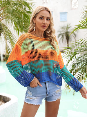 Rainbow mesh cover-up with flared sleeves in orange, green, turquoise, and blue stripes.