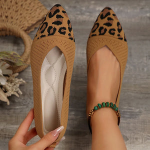 Leopard knit pointed ballet flats in khaki with a breathable texture and comfortable insole.