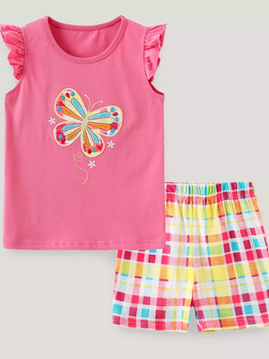 Toddler pink cotton set with butterfly embroidery and ruffled sleeves, paired with plaid shorts.