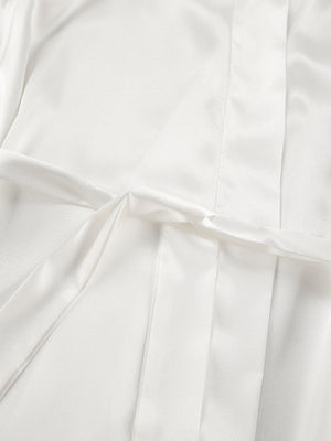 White satin lounge set with lace trim and drawstring detail