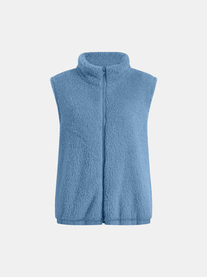 Blue teddy fleece stand-collar vest with zipper closure