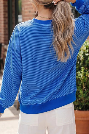 Stripe Ribbed Cuffs Long Sleeve Pullover Top in Royal Blue, side view