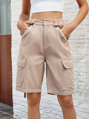 Khaki denim cargo bermuda shorts with buttoned pockets and elastic waistband.