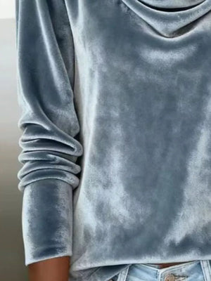 Velvet cowl neck t-shirt in silver with long sleeves and a casual fit.
