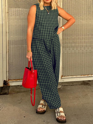 Gingham cropped tank and tapered trousers set in dark green and navy, sleeveless, round neck, wide leg pants.