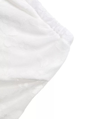 White floral lace ruched tube top with adjustable drawstring detail.
