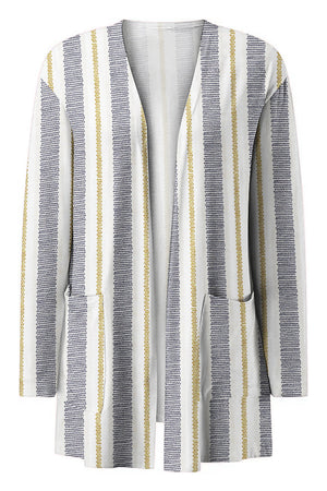 Open-front cardigan with vertical stripe pattern in white, navy, and gold, featuring pockets.