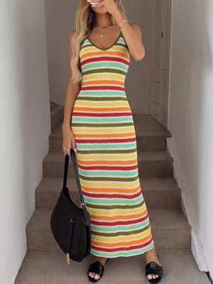 Vibrant striped bodycon midi dress with V-neck and spaghetti straps.
