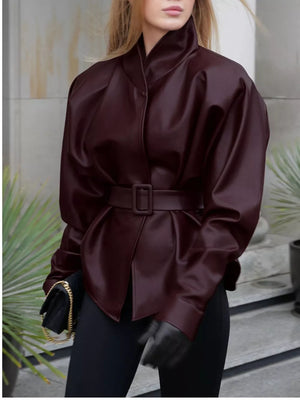 Stand Collar Belted Faux Leather Jacket in Wine Red, back view
