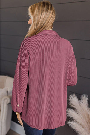 Textured stripe oversized shirt in dusty pink with button cuff detail.