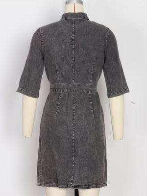 Grey denim shirt dress with half sleeves and a belted waist
