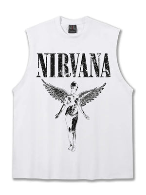 White cotton men's tank top with distressed Nirvana graphic and winged figure.