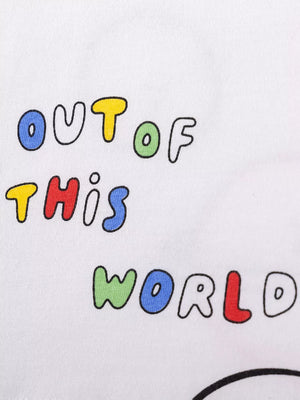 Children's white t-shirt with colorful "OUT OF THIS WORLD" graphic print.