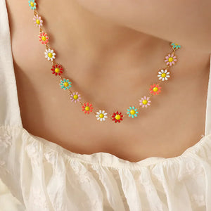 Gold daisy chain enamel collar necklace with colorful flowers