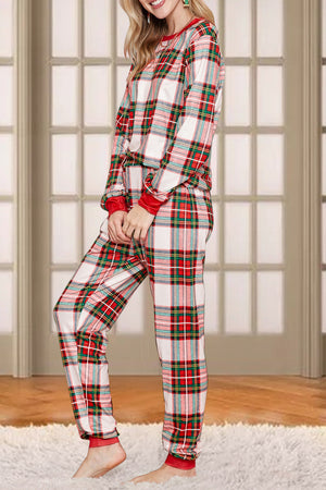 Festive plaid loungewear set in red with white and green accents and red trim.