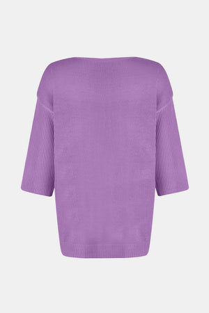 Lavender knit sweater with flared sleeves and V-neck.