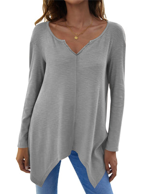 Dark Gray ribbed knit tunic with v-neck and asymmetric hem