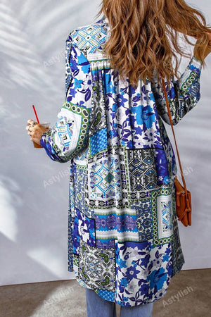 Patchwork print duster shirt jacket in Royal Blue with button front and long sleeves.
