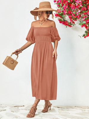 Dusty Pink off-shoulder midi dress with gathered bodice and balloon sleeves.