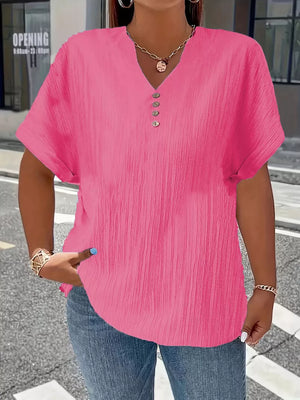 Textured Rose Red V-neck T-shirt with decorative buttons and short sleeves.