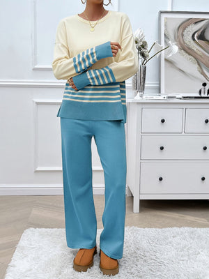 Color-blocked knit lounge set in pastel blue and cream with blue stripes on sleeves and hem.