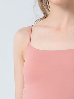 Dusty Pink tank top with spaghetti straps and a square neckline