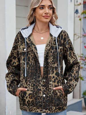 Leopard print denim shacket with removable grey hood and button front.