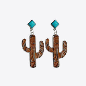 Camel cactus drop earrings with turquoise accents and embossed detail.