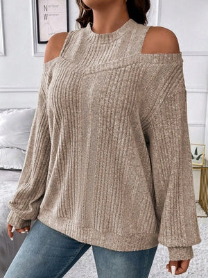 Ribbed mock neck cold shoulder top in mocha with long sleeves.