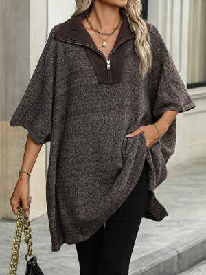 Asymmetric knit zip-neck poncho in coffee brown with short sleeves and a relaxed fit.