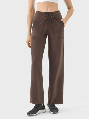 Wide-leg drawstring active trousers in mocha with pockets and a relaxed fit.