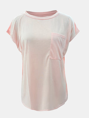 Relaxed fit tee in watermelon pink with cap sleeves and a chest pocket.