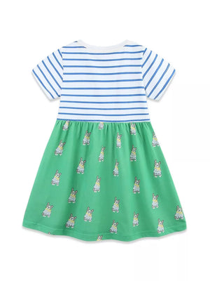Baby girls' cotton dress with blue stripes on top and a green skirt with cute dog print.