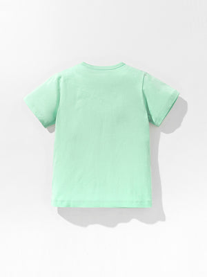 Toddler mint green crew-neck t-shirt with short sleeves and a dinosaur print on the back.