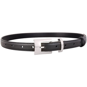 Black cowhide leather belt with a silver square buckle and keeper.