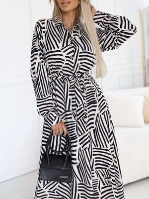 Geometric Print Belted Maxi Shirt Dress in Zebra, close-up detail