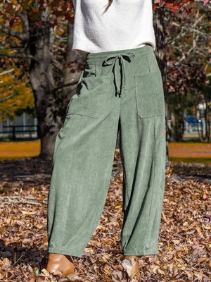 Sage corduroy wide-leg pants with drawstring waist and pockets
