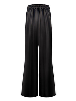 Black faux leather wide leg track pants with elastic waistband