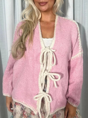Tie Front Drop Shoulder Cardigan in White, fabric detail