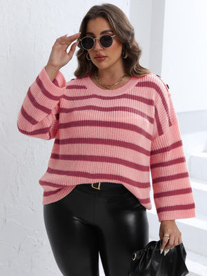 Blush pink and burgundy striped knit sweater with shoulder buttons.