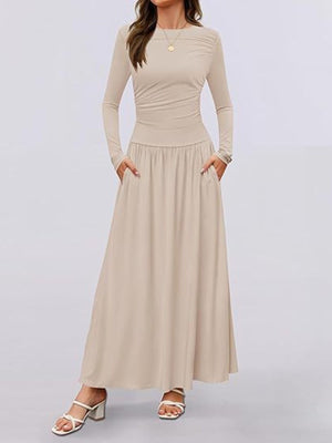 Apricot long sleeve ruched maxi dress with pockets