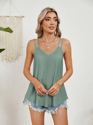 Sage eyelet overlay V-neck tank top with double straps and a flowy hem.