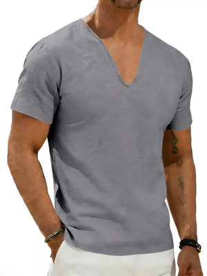 Men's gray V-neck linen tee with short sleeves.
