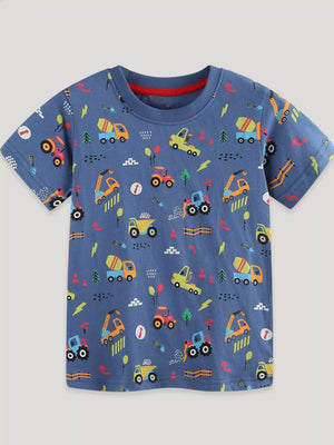 Blue cotton t-shirt with playful construction vehicle print and red trim.