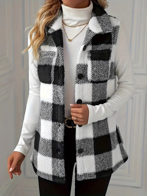 Textured black and white buffalo check vest jacket with button front and collar.
