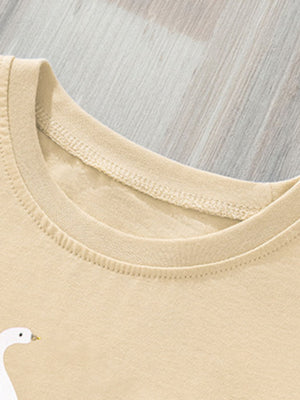 Beige cotton baby girls' t-shirt with swan print and ruffle sleeves