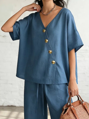 Full Size Surplice Half Sleeve Top And Wide-leg Pants Set, side view