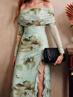 Ruffled Slit Off Shoulder Maxi Dress in Floral, close-up detail