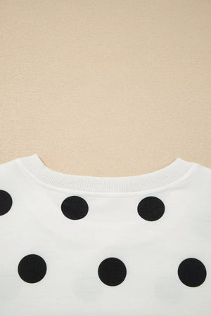 White polka dot two-piece set with ribbed trim neckline