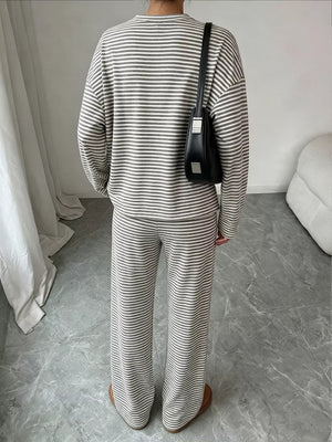 Striped Round Neck Top And Pants Set in Gray, back view
